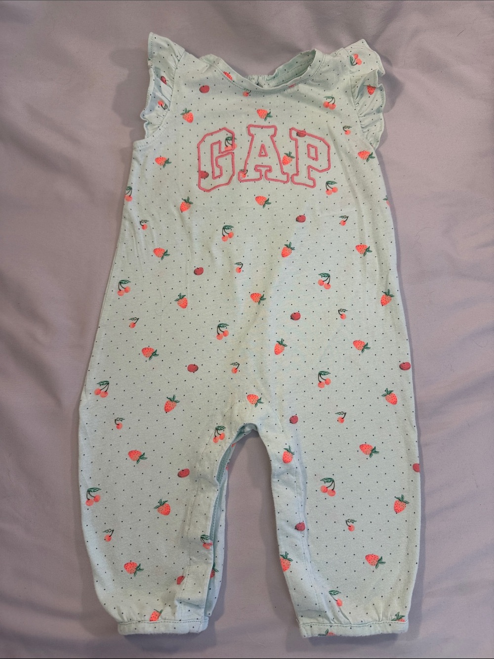 GAP Light Mint Green Romper with Pink Strawberry Print